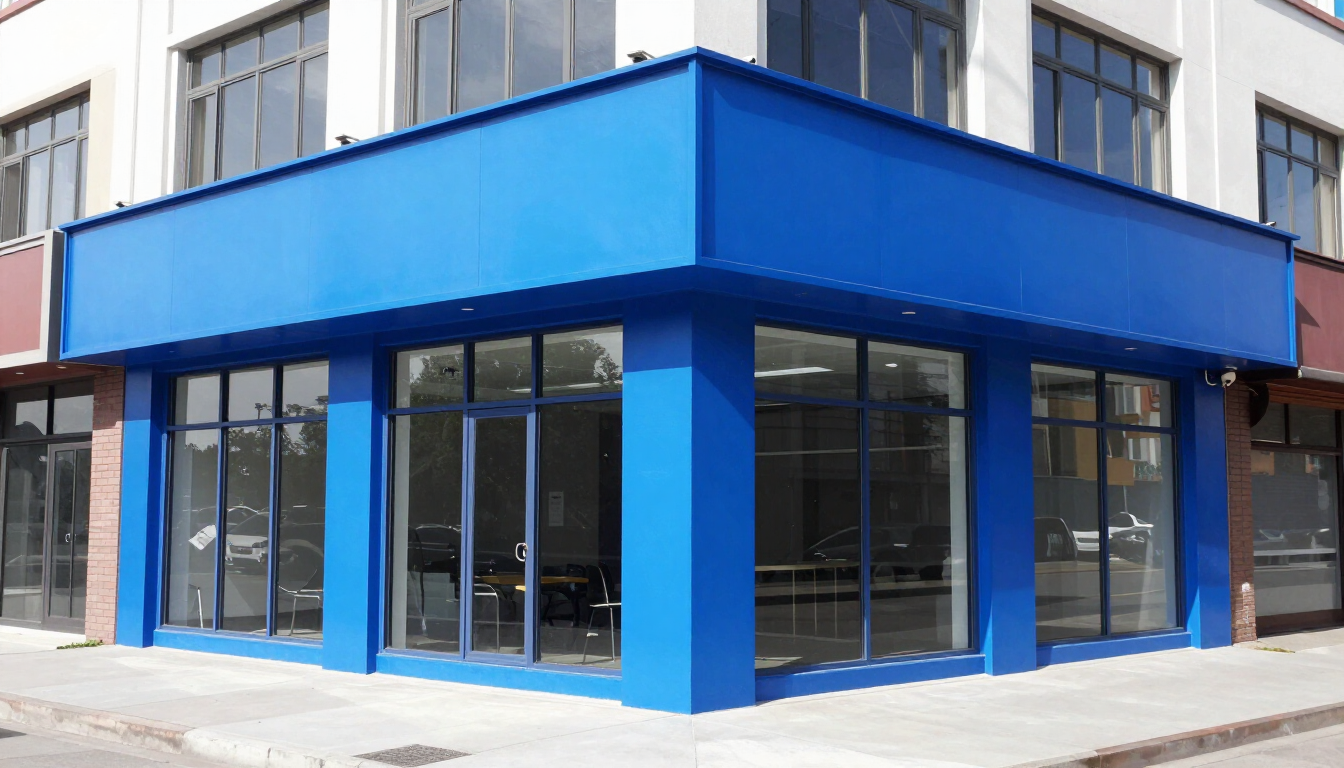 Blue storefront on a street corner with large glass windows and doors