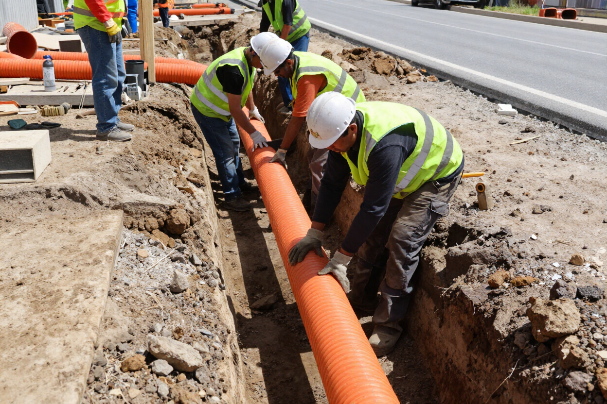 Workers installing orange electrical conduit in a trench beside a road