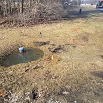 Flooded grassy roadside with a small puddle and debris near a curb