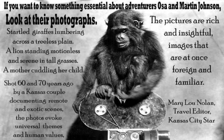 A chimpanzee sits behind a vintage movie camera. Text overlays promote photos by adventurers Osa and Martin Johnson.
