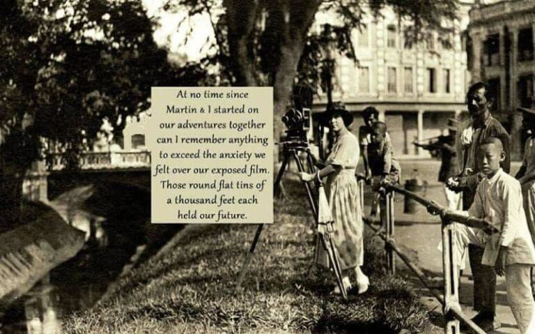 A woman operates a film camera on a tripod outdoors. A text box overlays the center of the image.