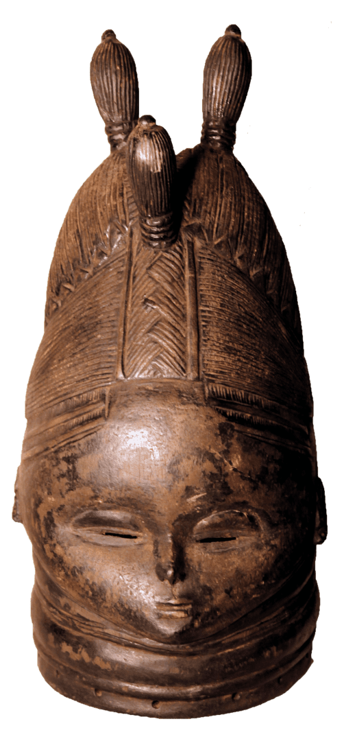 A carved wooden mask with an elongated, smooth face, high textured headdress, and concentric neck rings in dark brown.