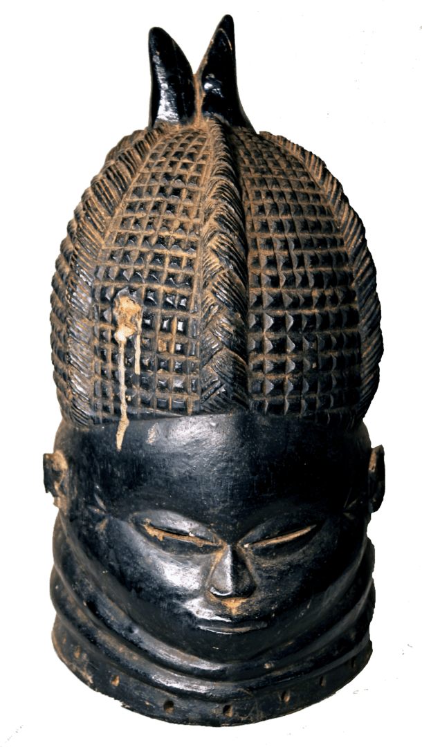 A black carved wooden Mende Sowei mask with a textured, dome-shaped coiffure and a calm, stoic expression.