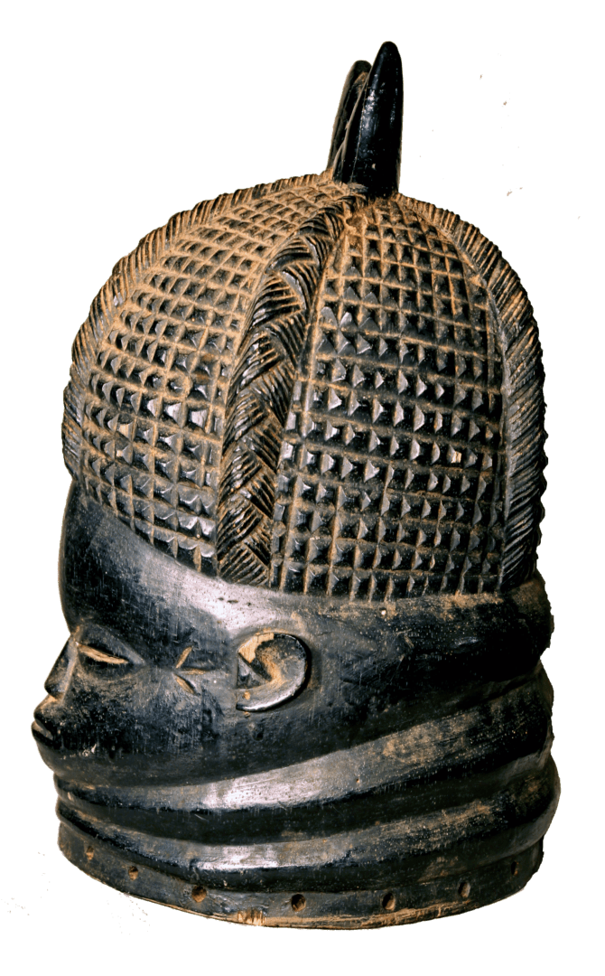 A black, carved wooden Mende Sowei helmet mask with a textured cap, elaborate hairstyle, and ringed neck.