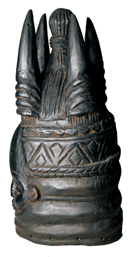 A carved wooden Mende Sowei mask with a detailed, layered hairstyle, geometric patterns, and a dark, polished finish.