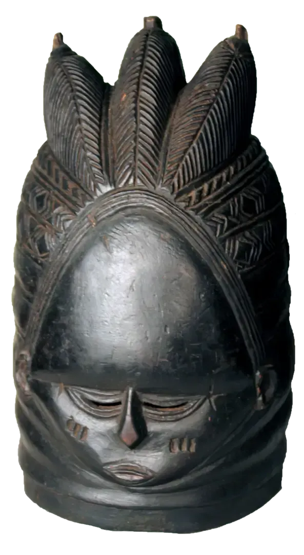 Dark, polished wood Mende Bundu helmet mask with a high, rounded forehead, intricate braided top, and serene face.