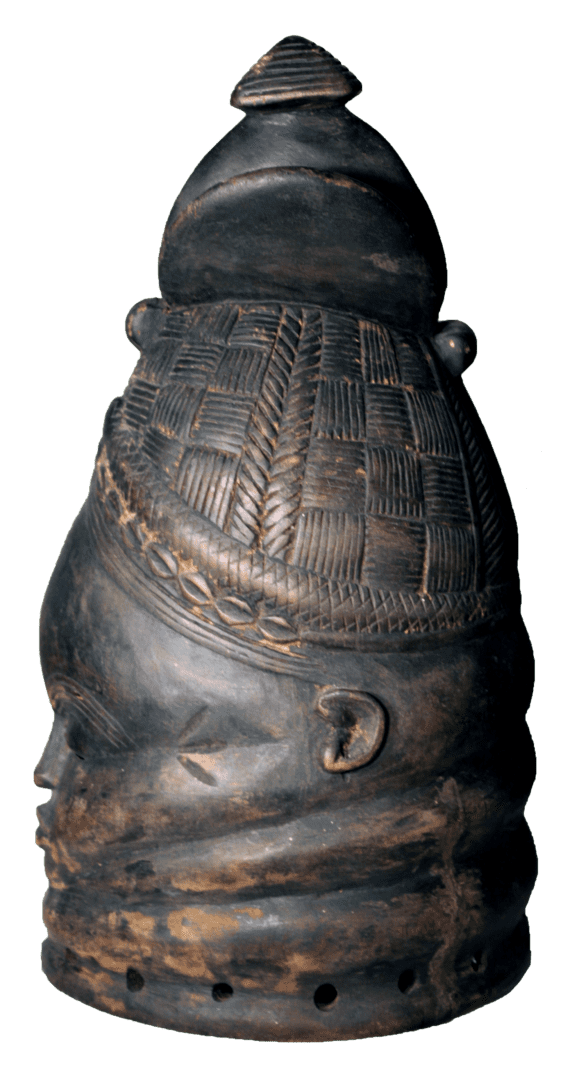 A black, carved wooden Mende Sowei helmet mask with intricate hair patterns, neck rolls, and small ventilation holes.