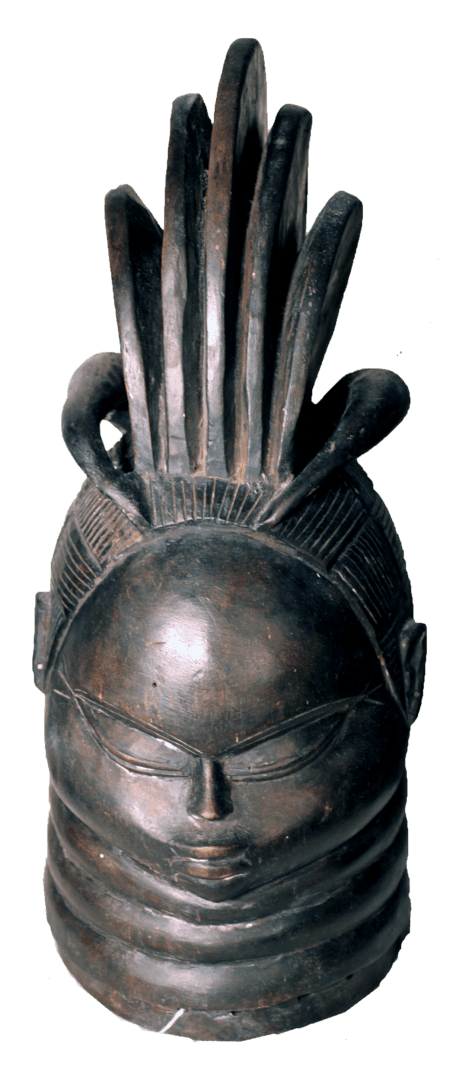 A smooth, dark wooden Mende Sowei mask with a ringed neck, downcast eyes, and a tall, decorative, fan-shaped hairstyle.