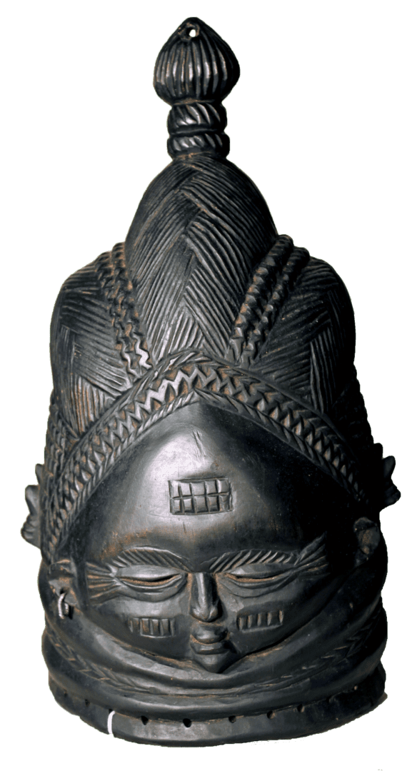 A dark, carved wooden Mende Sowei helmet mask with intricate hair detailing, facial scarification, and a neck ring.