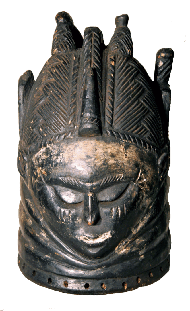 A dark, carved wooden Mende Sowei helmet mask with detailed hair, serene facial features, and rings around the neck.