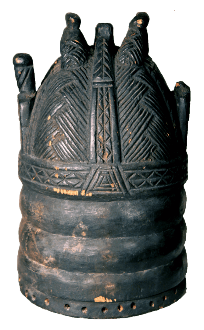 A black wooden Sande society helmet mask featuring intricate carved geometric patterns and a series of horizontal rings.