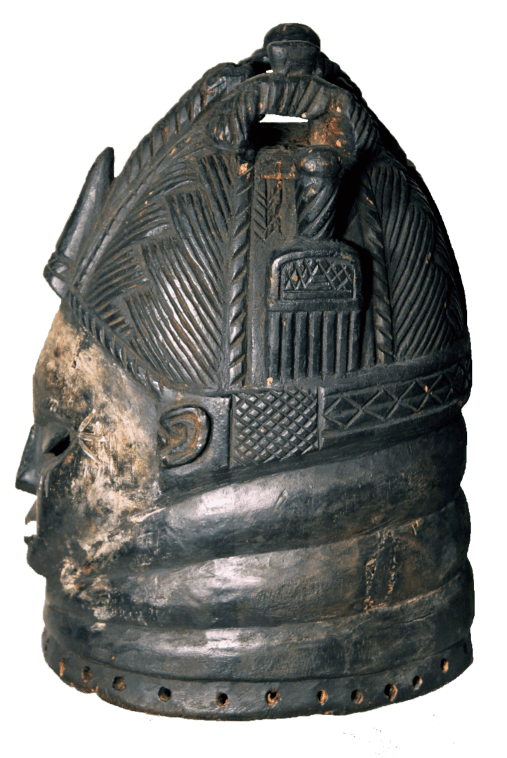A black wooden Mende Bundu helmet mask featuring an elaborate carved hairstyle, a comb motif, and multiple neck rings.