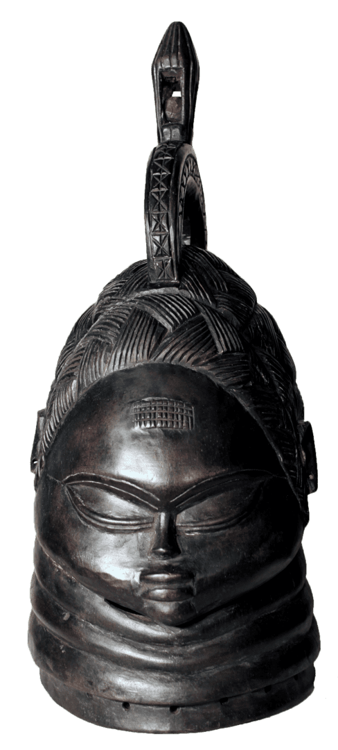 A dark, polished wooden Mende Sowei helmet mask with detailed hair carving, neck rings, and a decorative handle topper.