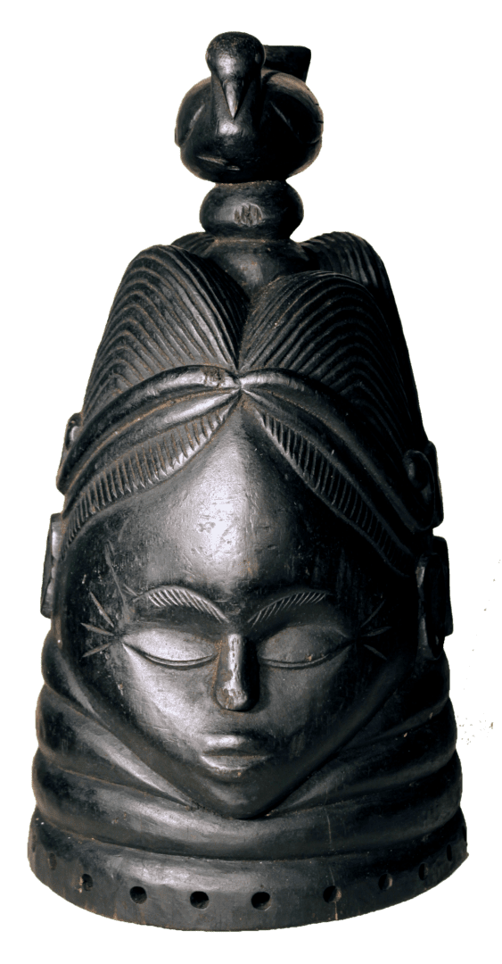 A polished black Mende Sowei mask with an elaborate coiffure, a serene facial expression, and a carved bird on top.