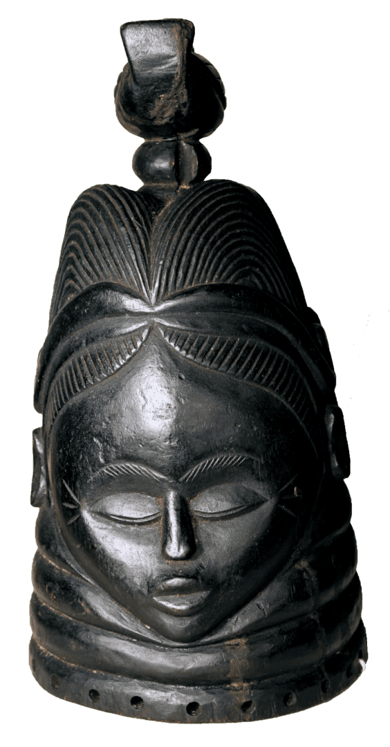 A black, carved wooden Mende Sowei helmet mask with a serene expression, elaborate hairstyle, and ringed neck.