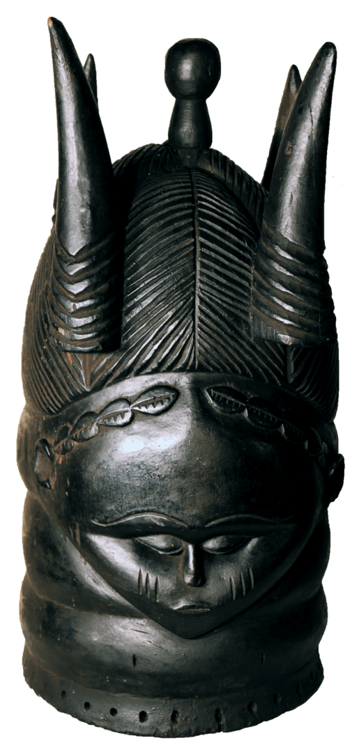 A dark, carved wooden helmet mask featuring stylized hair, two prominent horns, and a serene face with ringed neck.