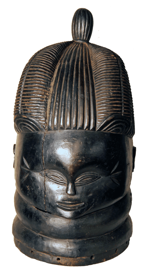 A dark, carved wooden Mende Sowei helmet mask with a stylized face, high elaborate hairstyle, and ringed neck.