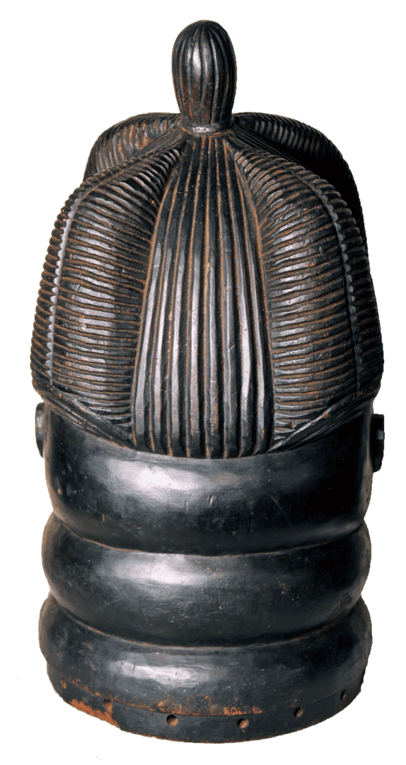 A dark, carved wooden Mende Sowei helmet mask with a deeply textured hairstyle and smooth, layered neck rings.