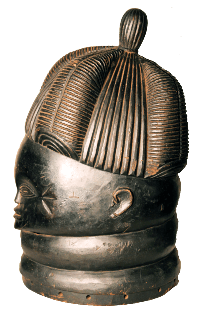 A dark, polished wooden mask with a rounded, multi-ridged hairstyle and concentric neck rings.