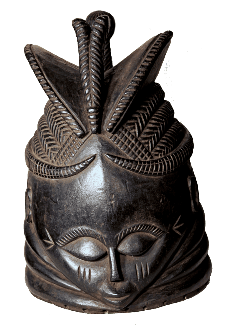 A polished, dark wood Mende sowei mask featuring a stylized face, elaborate coiffure, and neck rings on a white background.