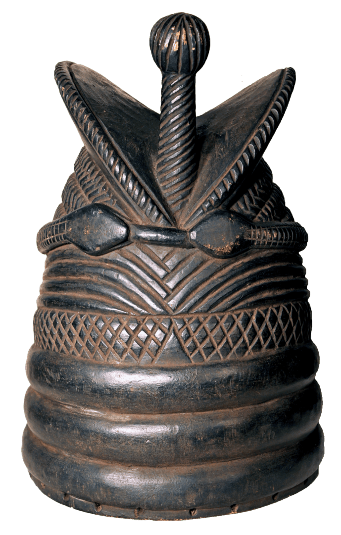 A carved, dark wooden bowl with a lid featuring a central stalk, geometric patterns, and three horizontal rings at its base.