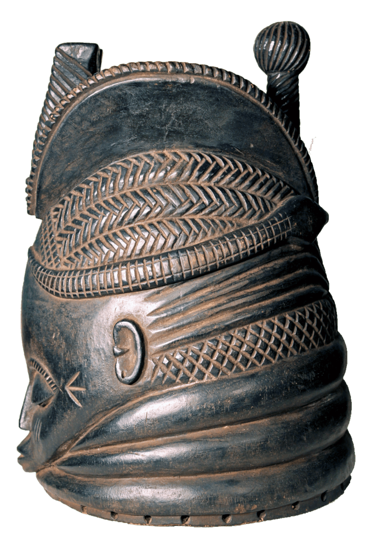 A carved, dark wooden Mende Sowei helmet mask featuring elaborate hair designs, neck rolls, and intricate patterns.