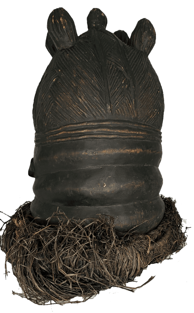 A dark wooden Mende Bundu mask with an intricate hairstyle, horizontal neck rings, and a raffia collar.