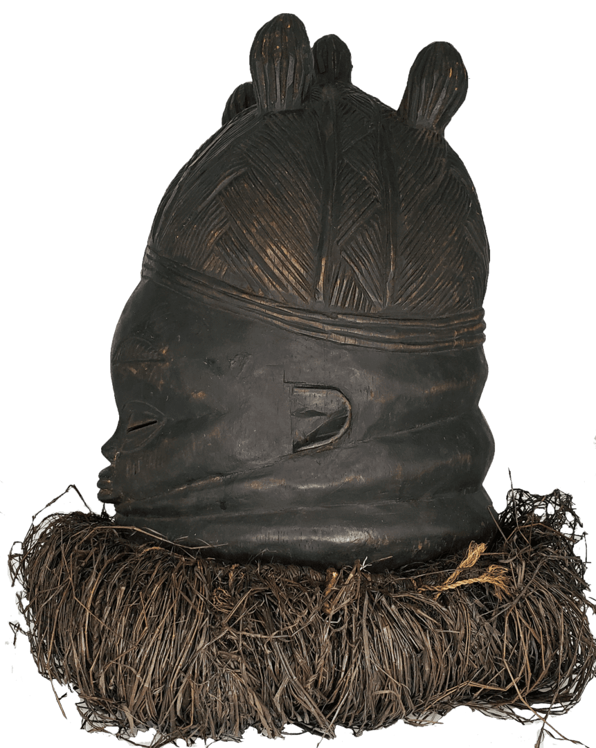 A carved wooden Mende Sande society helmet mask with intricate coiffure, neck rings, and a raffia collar.