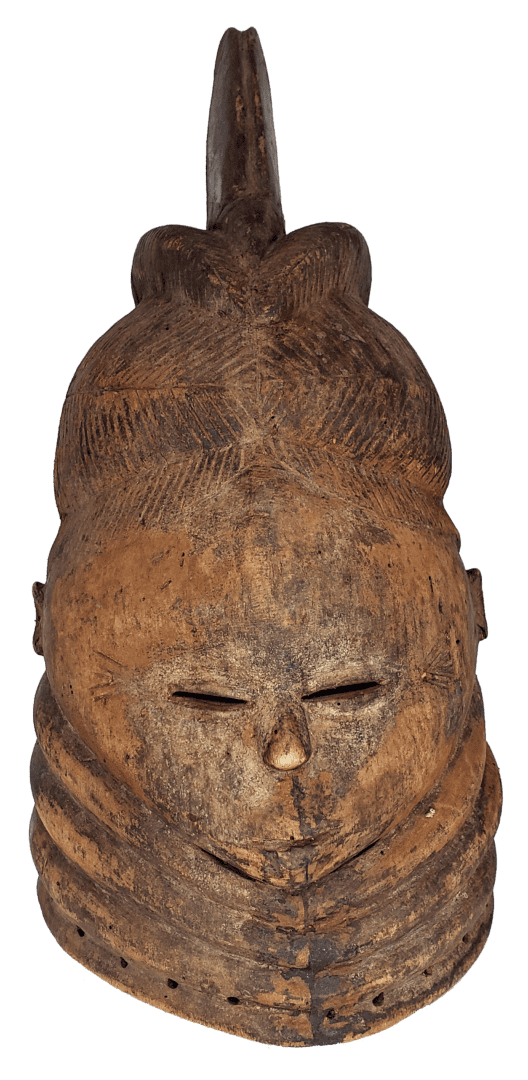 A brown, carved wooden Mende Sowei helmet mask with a crested top and tiered neck rings, viewed from the front.