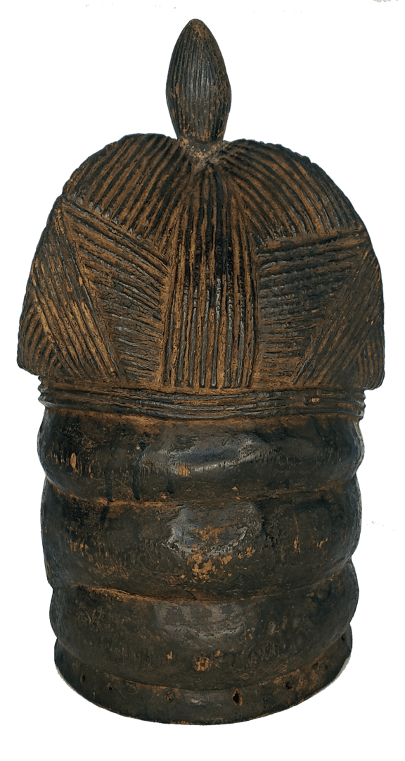 Dark brown cylindrical wooden mask with a textured, layered top section and a smooth, ringed base.