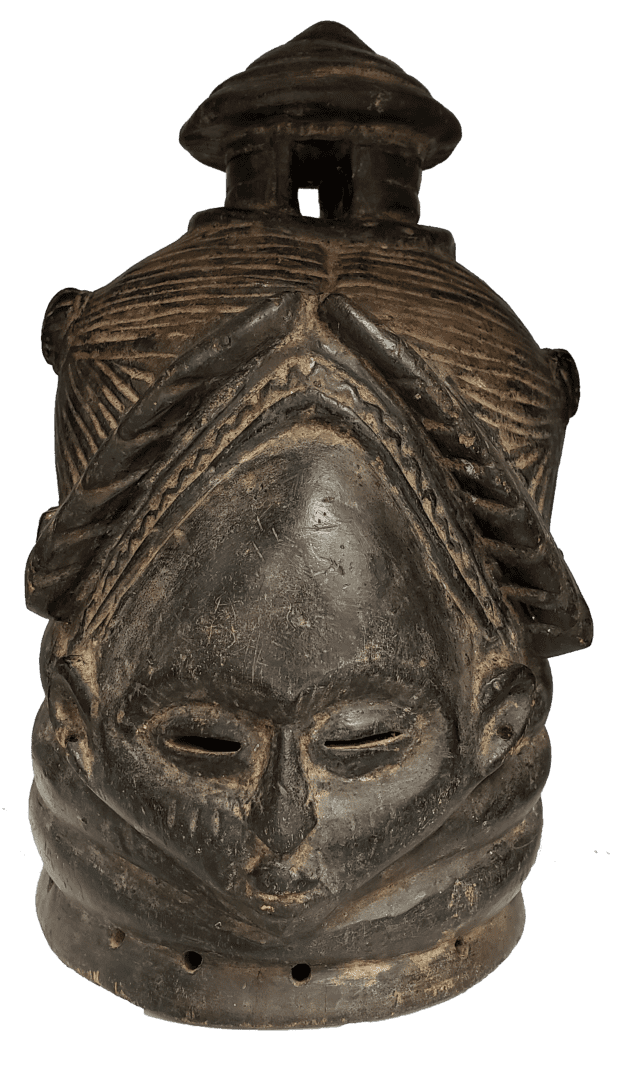 A dark, wooden Mende Sande society helmet mask featuring a stylized face, neck rolls, ornate coiffure, and small top crown.