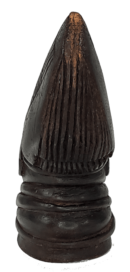 A dark brown, carved wooden finial with a pointed, textured top and three horizontal rings around its cylindrical base.