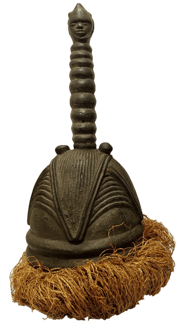 A bronze bell-shaped headdress with a ridged top, topped by a human-like head, and featuring a straw-like base.