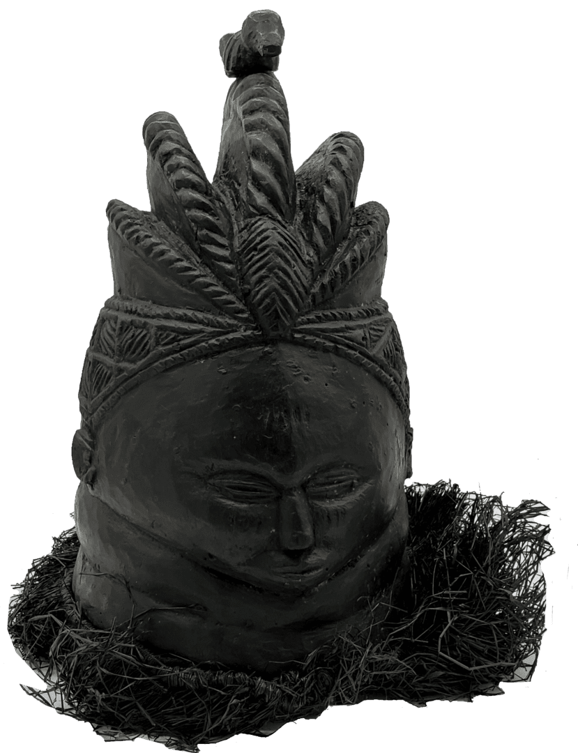 A dark, carved wooden helmet mask featuring an ornate, feathery crown and a textured raffia fringe at the base.