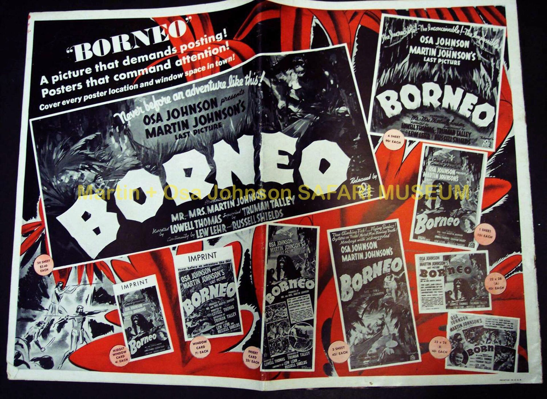 A promotional collage for the film Borneo, featuring the title in large white letters over a vibrant red jungle backdrop.