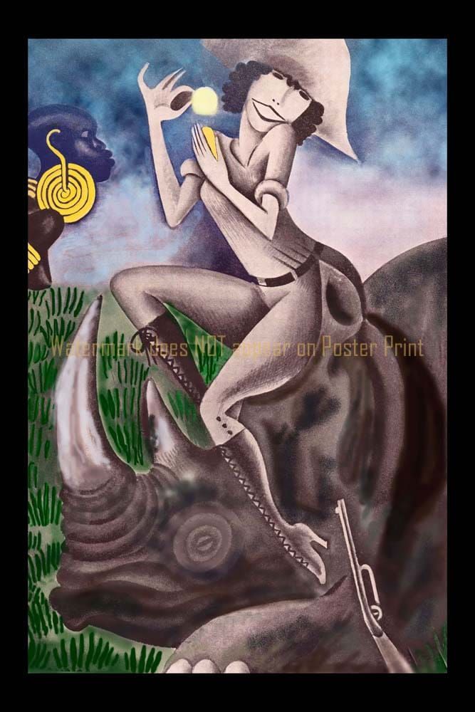 A stylized painting of a figure in a safari outfit sitting on a rhinoceros, holding a glowing orb, with a figure behind.