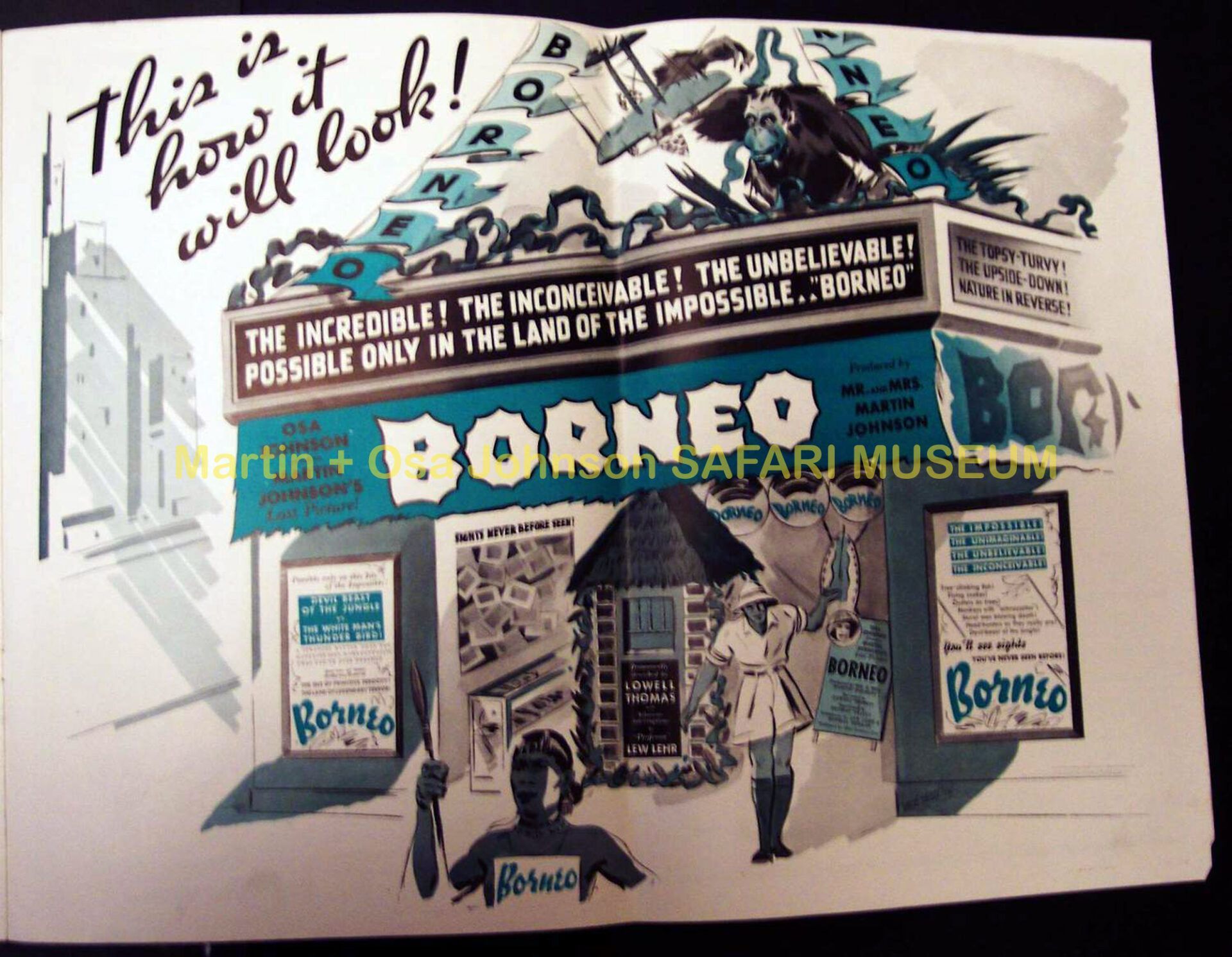 An illustrated movie theater entrance advertises the film