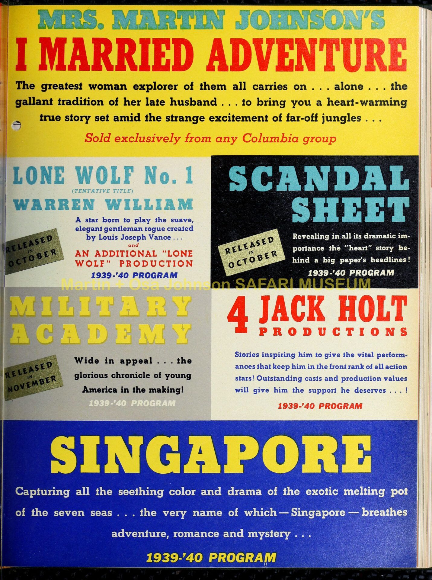 A 1939-40 movie promotional flyer with titles including