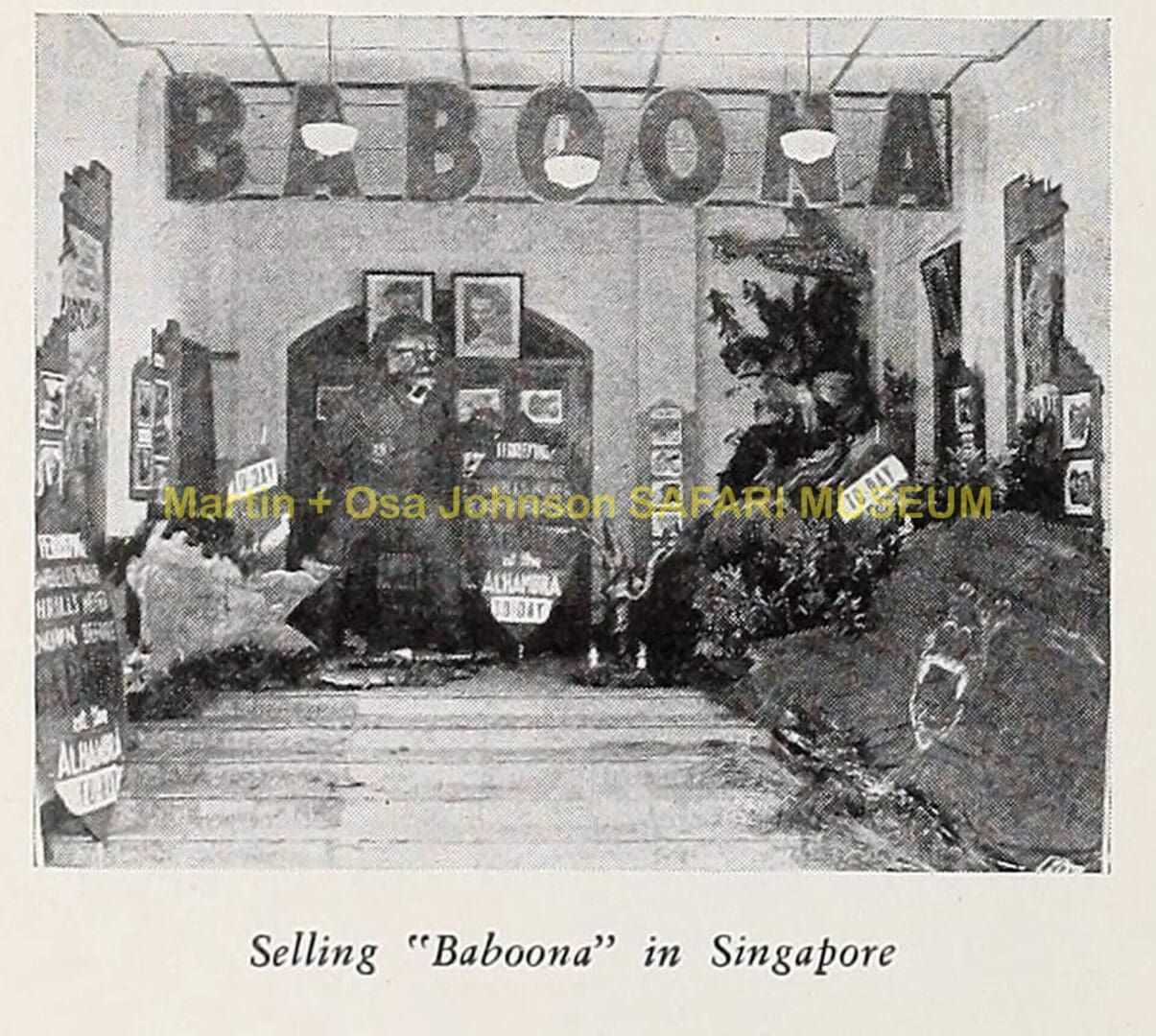 A black-and-white photograph of a promotional display in Singapore for the film