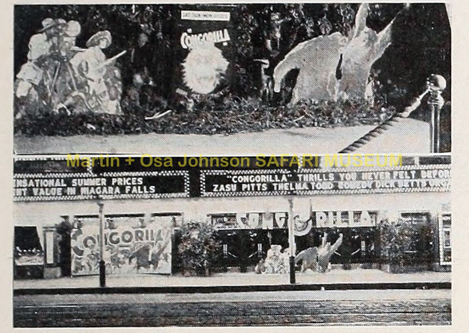 A theater marquee and window display promoting the film Congorilla by Martin and Osa Johnson.