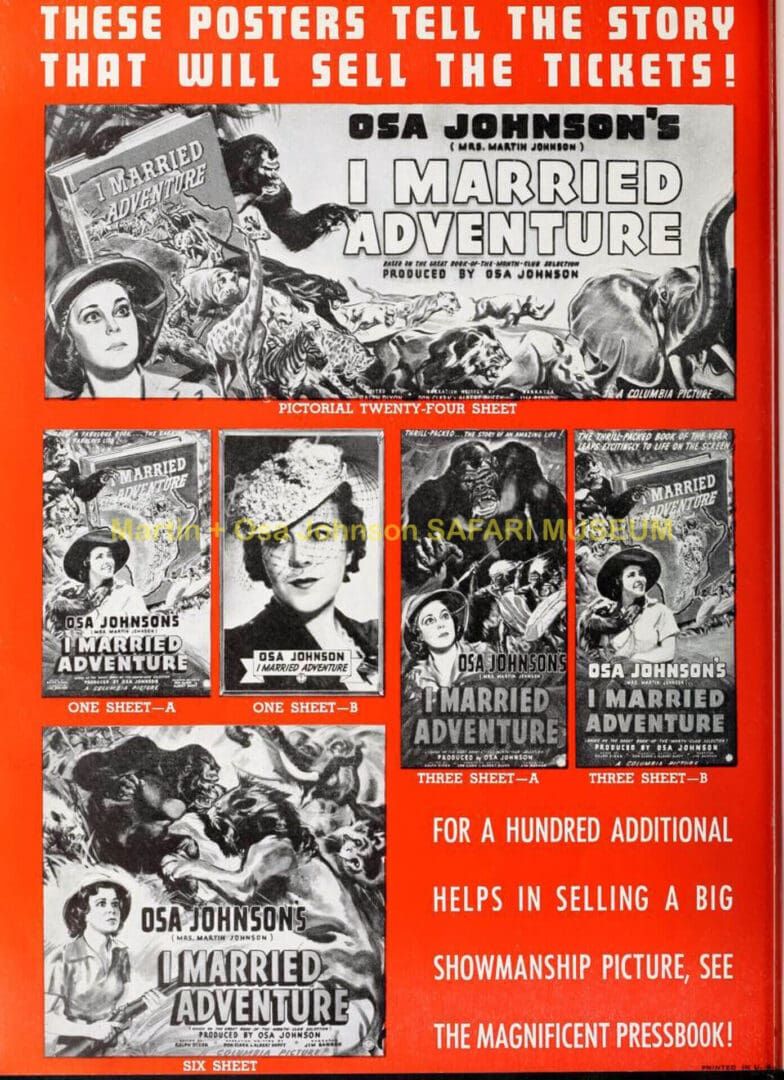 A promotional advertisement featuring multiple film posters for Osa Johnson's