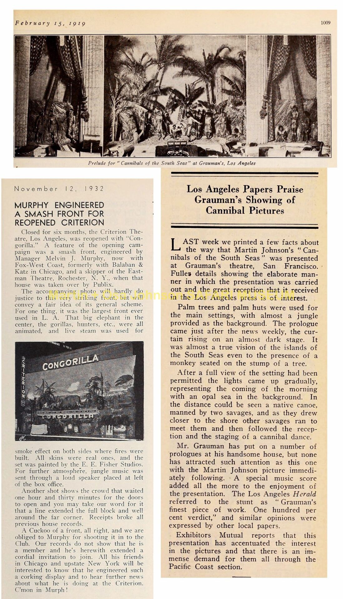A vintage newspaper page with articles and photos showcasing theatrical stage scenes and a marquee for the film Cinderella.