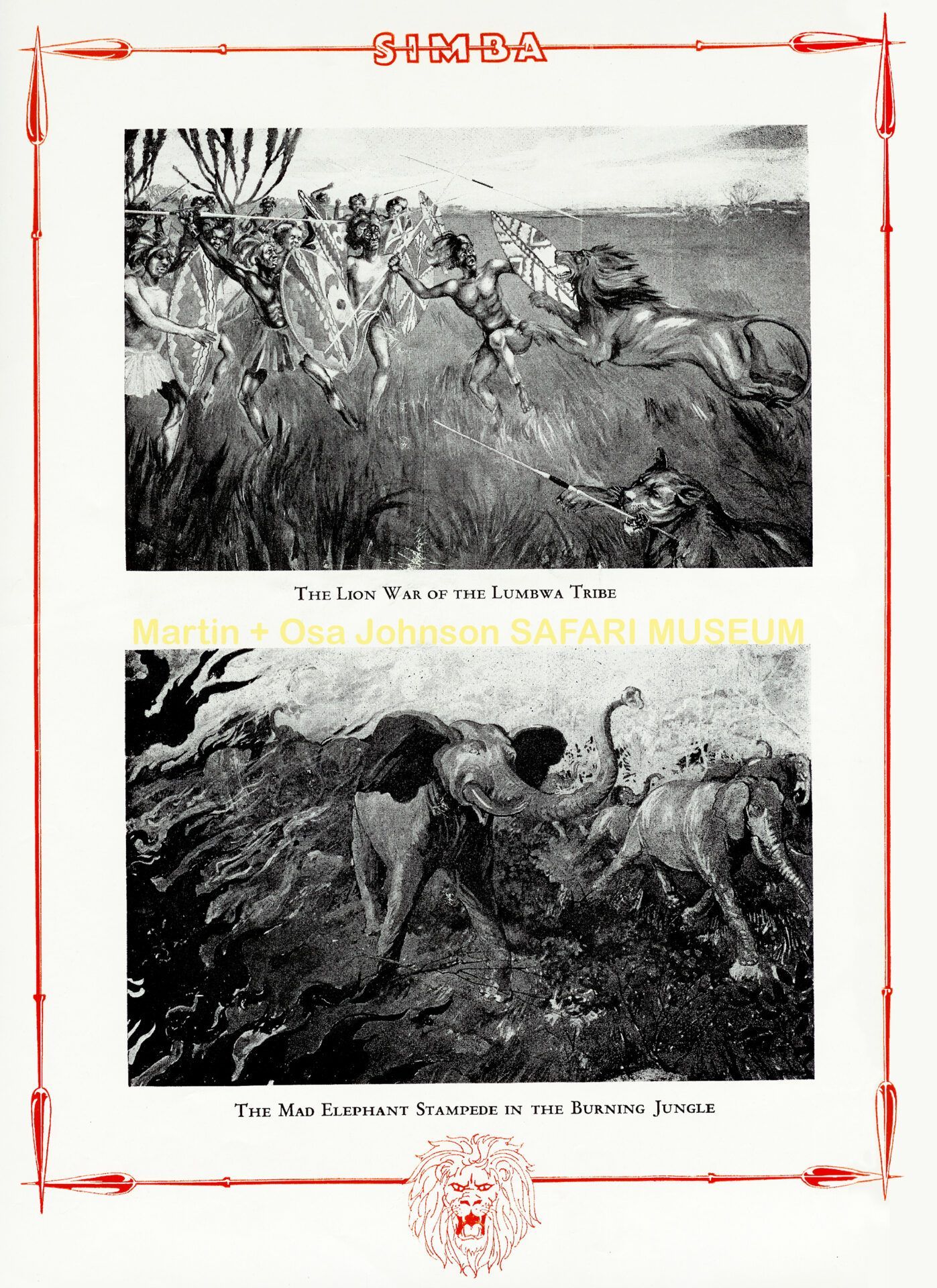Promotional flyer for the Martin and Osa Johnson Safari Museum featuring two sketches of wildlife, a lion and an elephant.