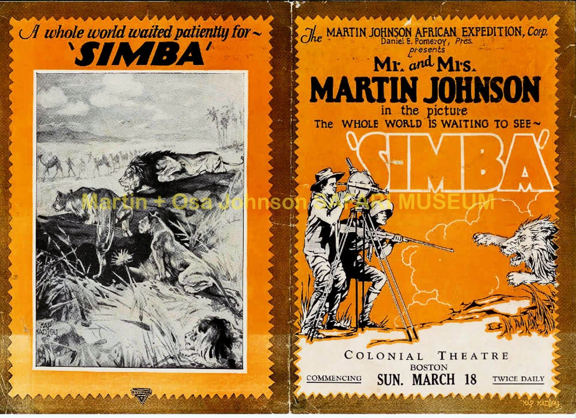 Two-panel promotional flyer for the film 'Simba' featuring illustrations of lions and Martin Johnson filming wildlife.