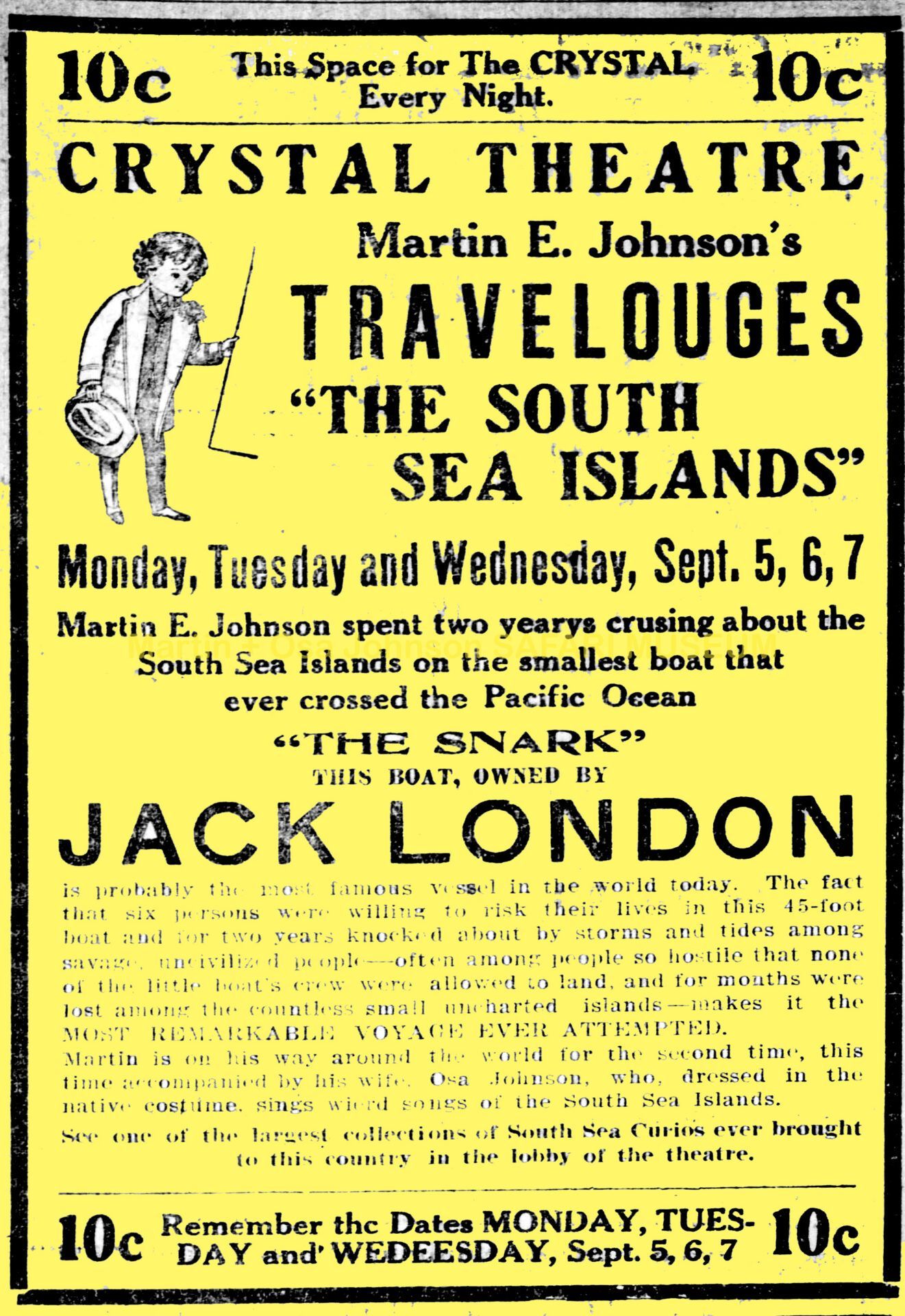 A yellow theater poster for Martin E. Johnson's travelogue,