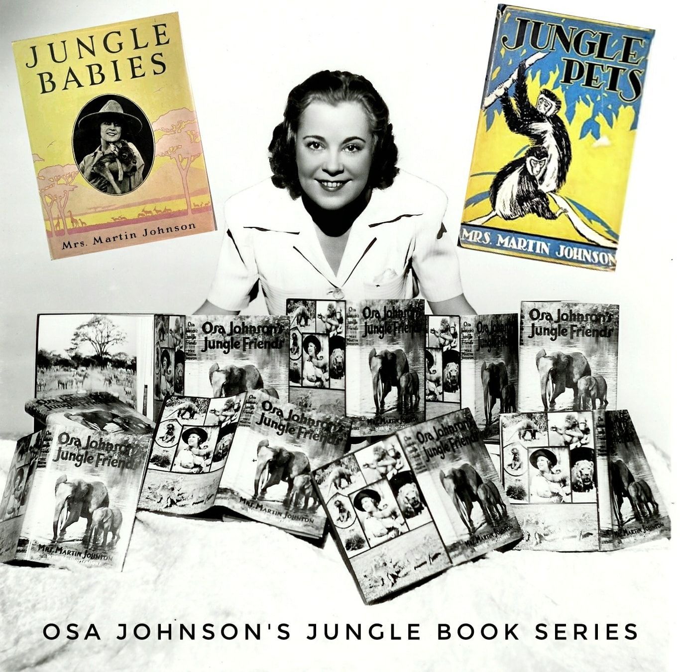 A smiling person poses behind numerous books from Osa Johnson's Jungle Book series, which are arranged on a table.