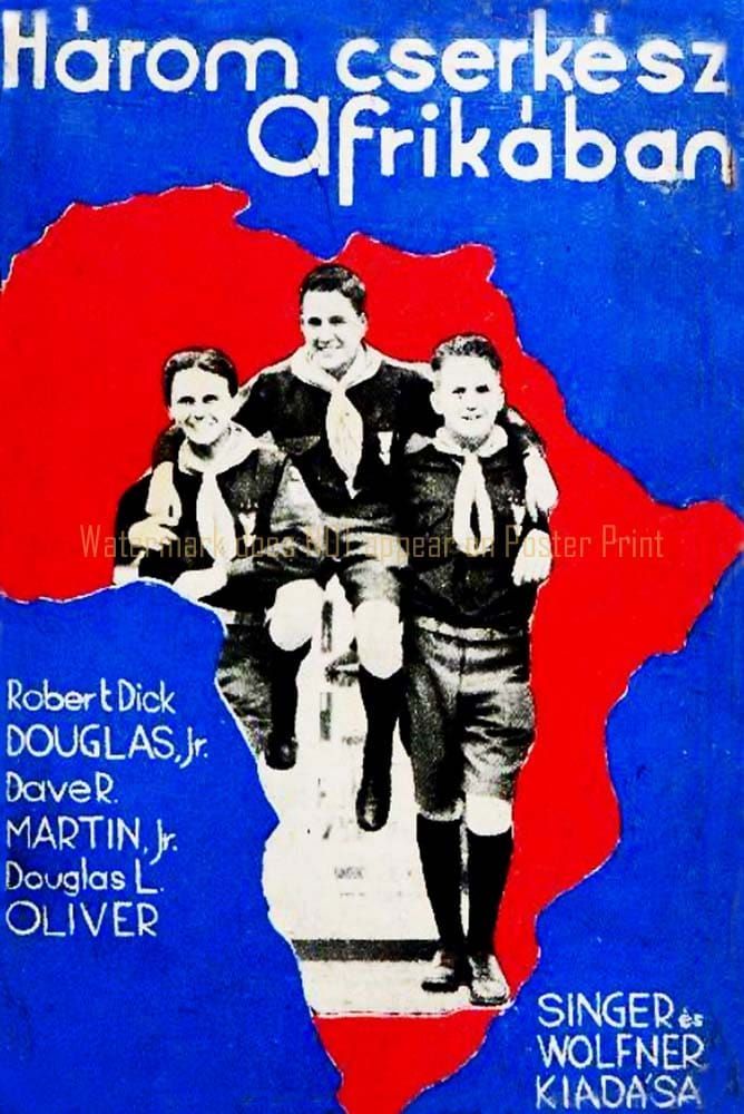 Book cover: Three scouts superimposed over a red map of Africa against a blue background, with titles in Hungarian.