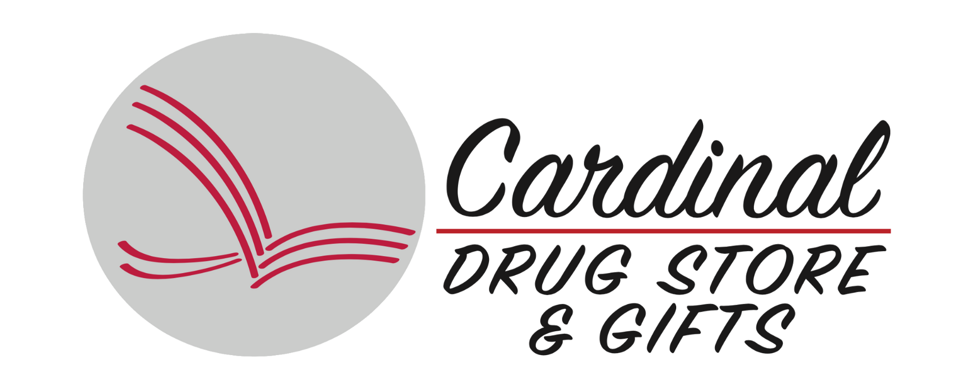 Logo for Cardinal Drug Store & Gifts featuring a gray circle with red swooping lines and the business name in black.