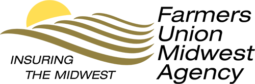 Logo for Farmers Union Midwest Agency with a stylized sunset over rolling hills and the text