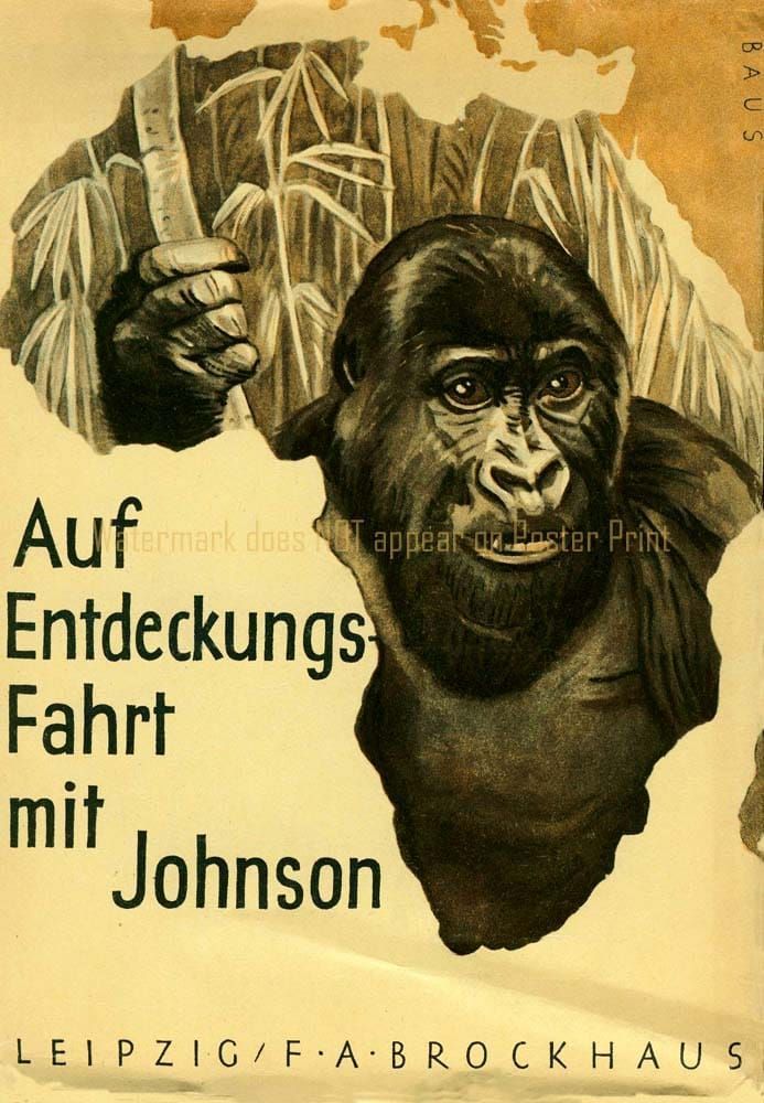 Vintage poster featuring a central portrait of a gorilla, with text